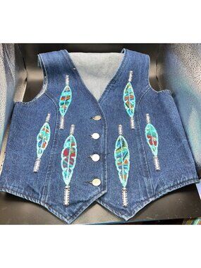 Unique By Dot Denim Vest Embellished Feathers Beaded Details Button-Front Small